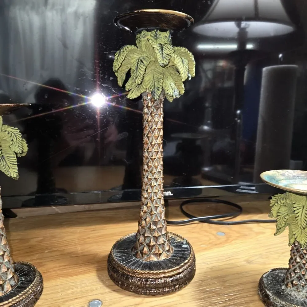Vintage Palm Tree Resin Candlestick Holders Set Of 3